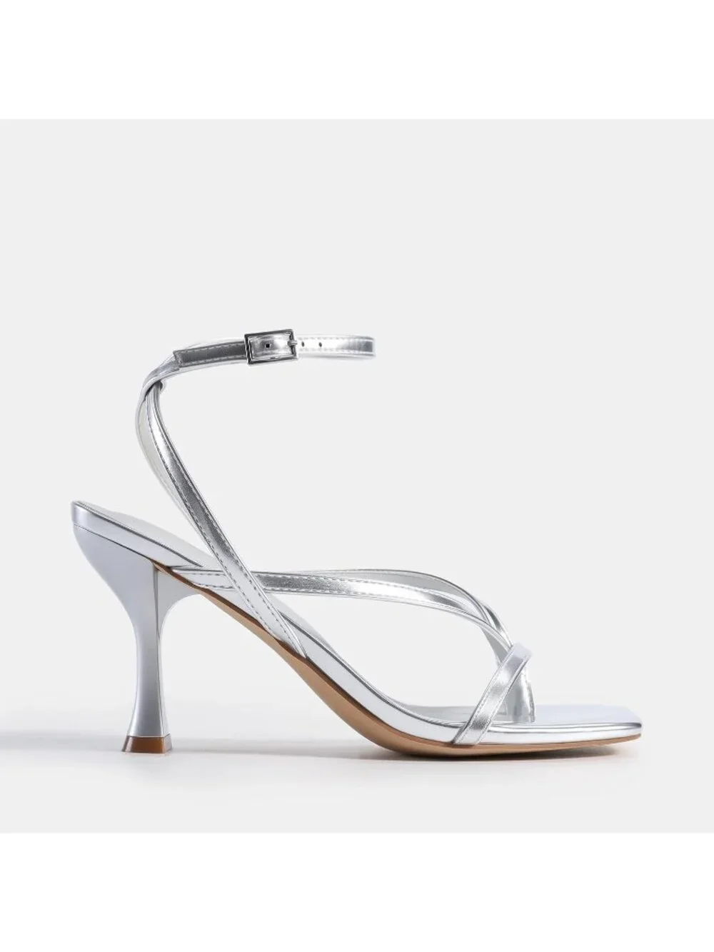 Women's Silver Faux Leather Square Open Toe Flip Flop Ankle Strap High Heels